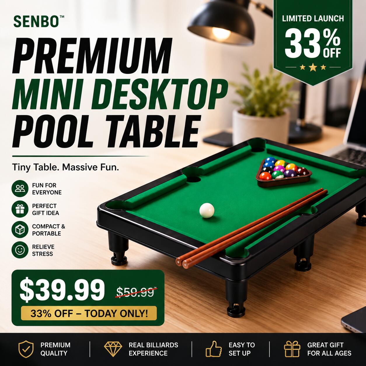Premium Mini Desktop Pool Table - Ultimate Desk Stress Reliever & Game Night Essential