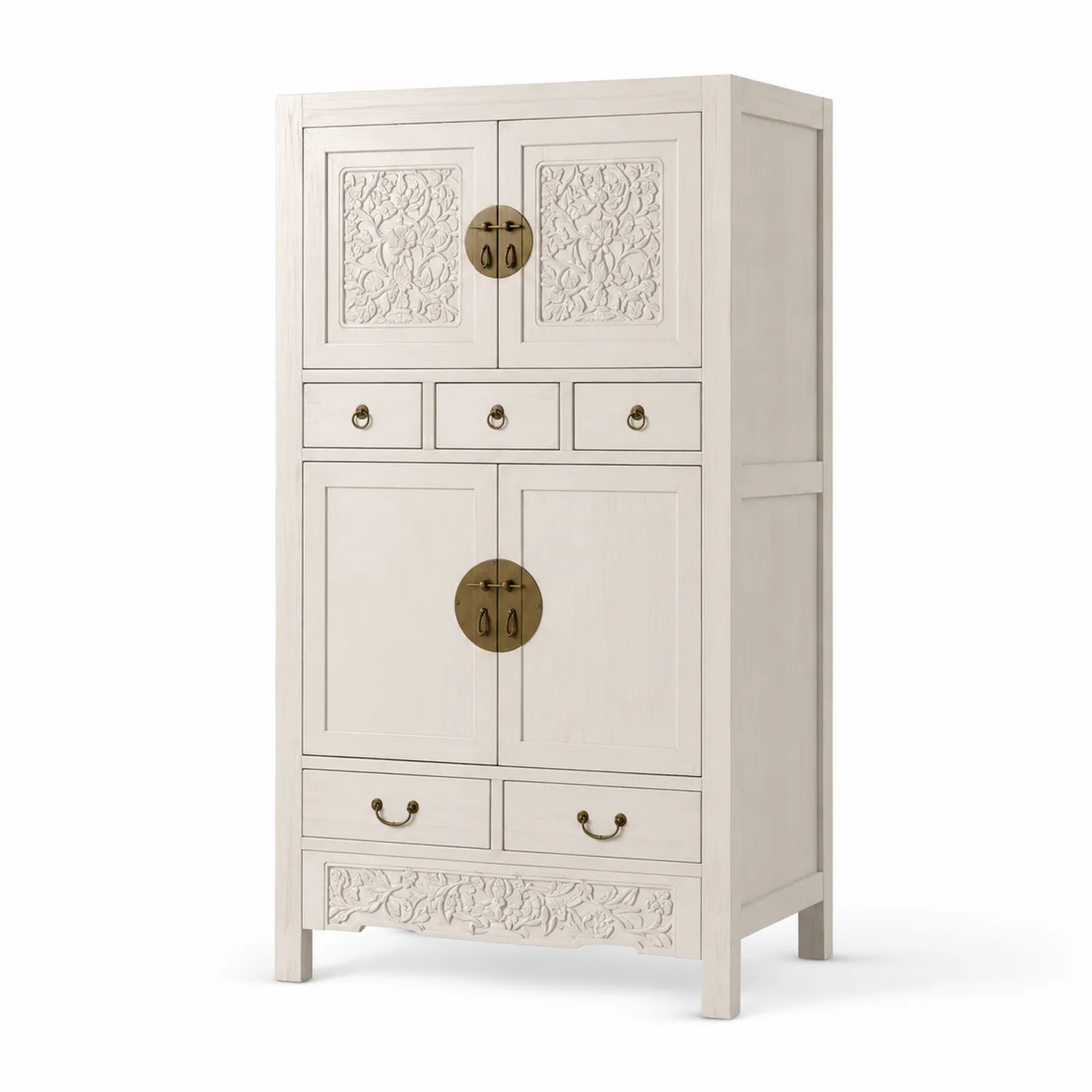 Armario de Madera de Abeto con Tallas Florales, Blanco-Domlume