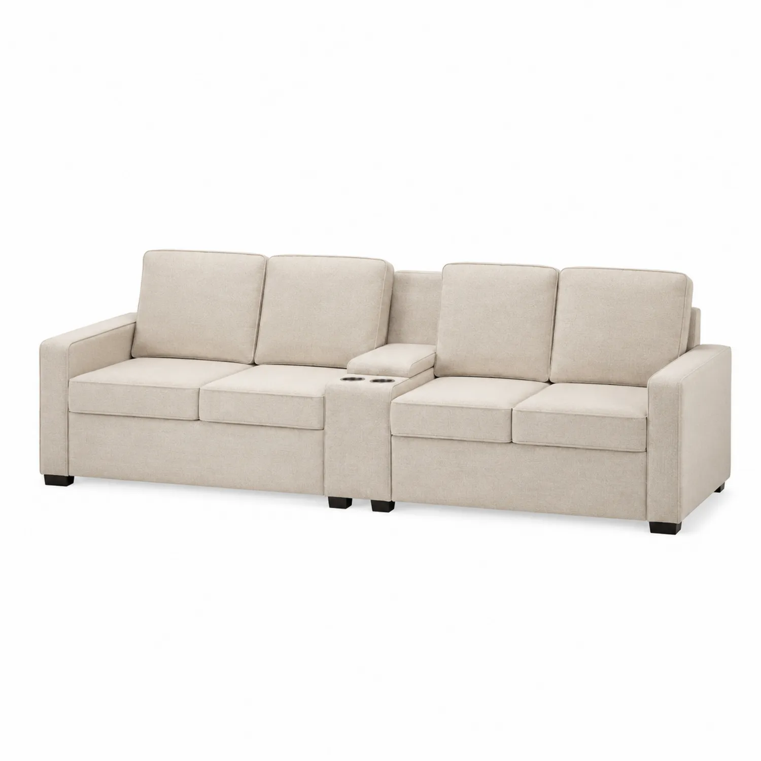 Sofá seccional de tela beige con portavasos-Domlume