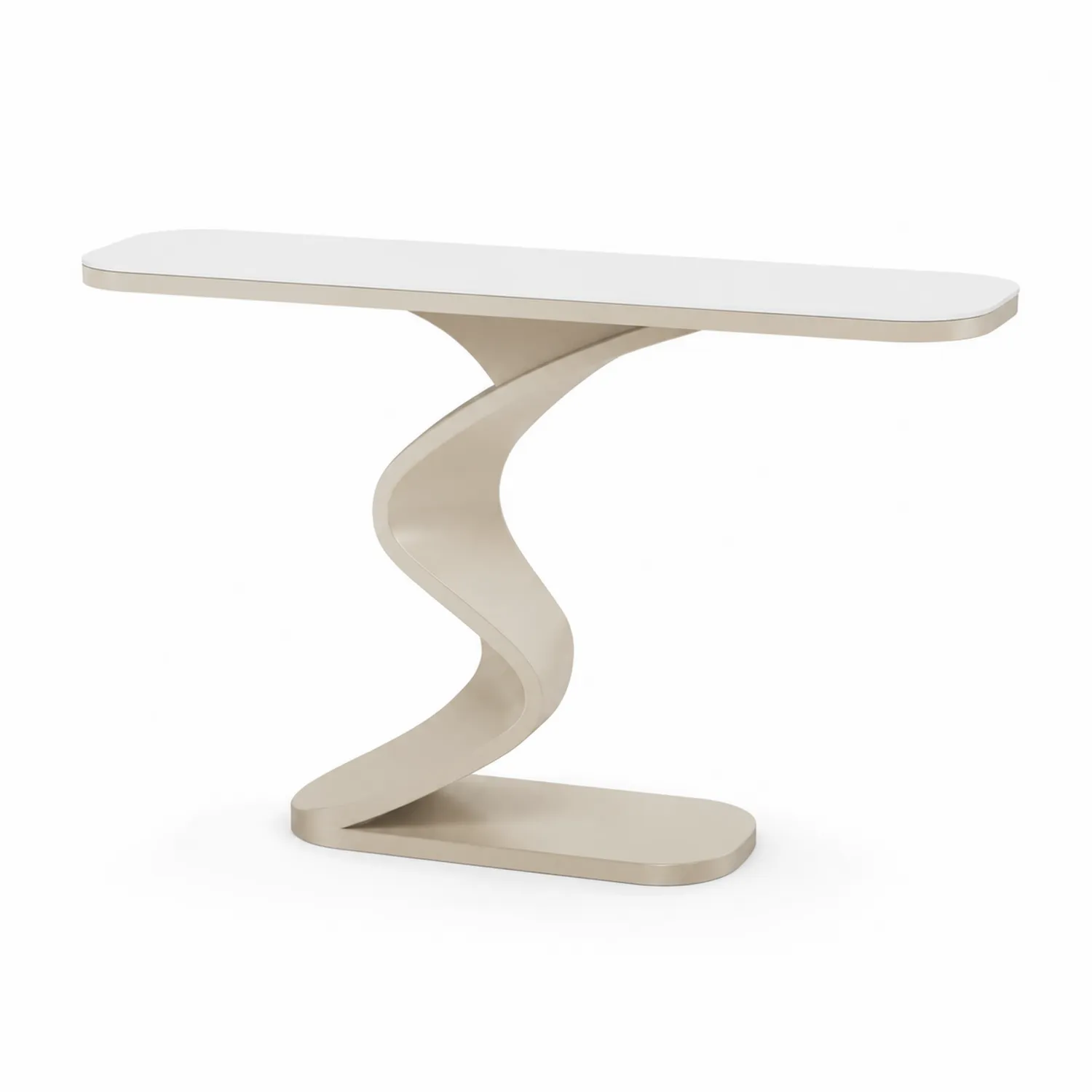 Mesa consola de madera y metal en forma ondulada Blanco y Beige-Domlume