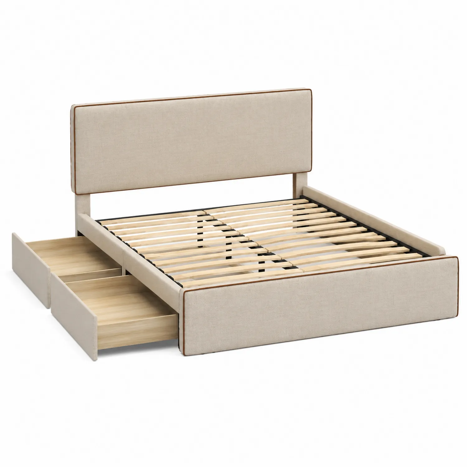 Cama de Madera Contrachapada y Tela Beige con Cajones-Domlume