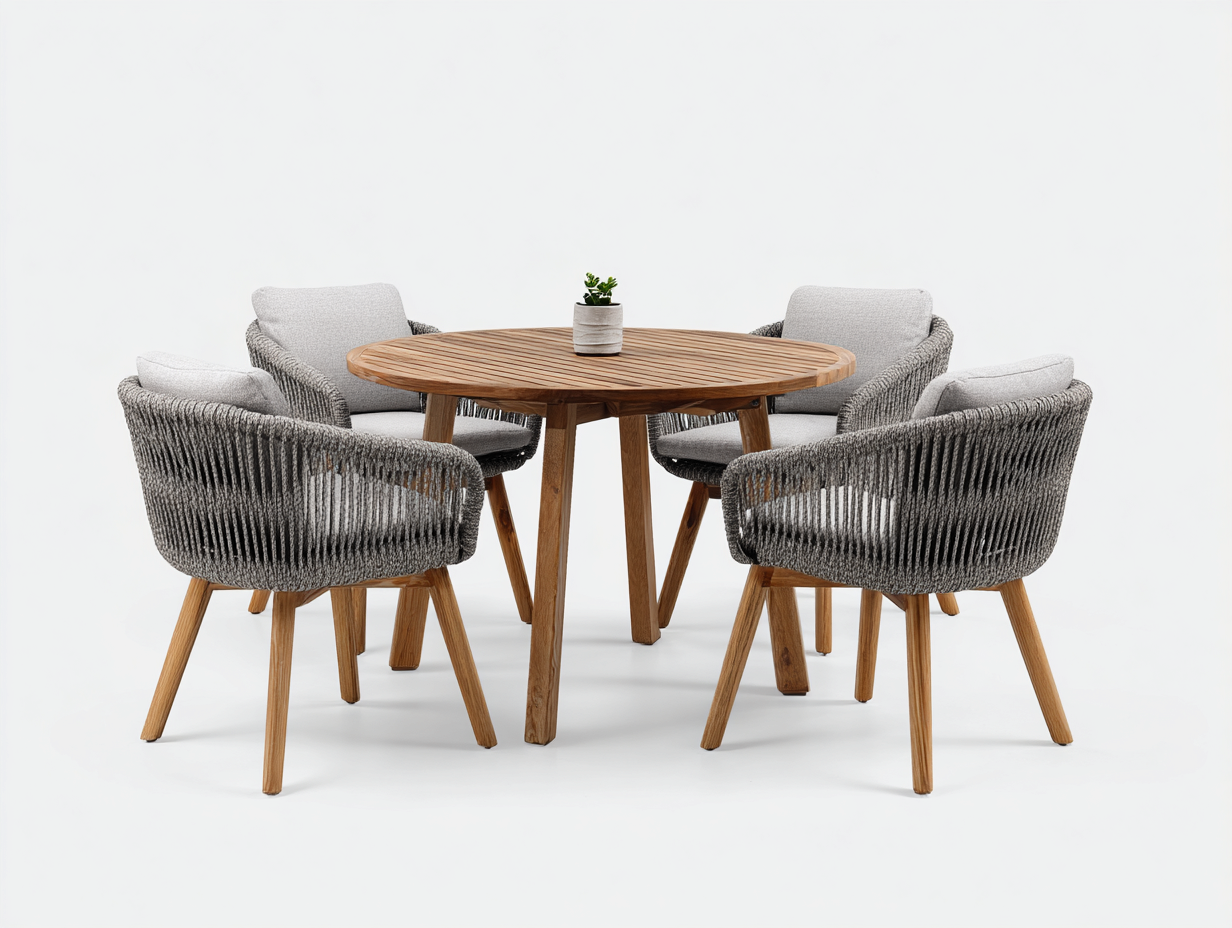 Conjuntos de comedor de jardín madera y cuerda 120x120x75 cm - marrón y gris - estilo moderno para exterior-Coluxohouse