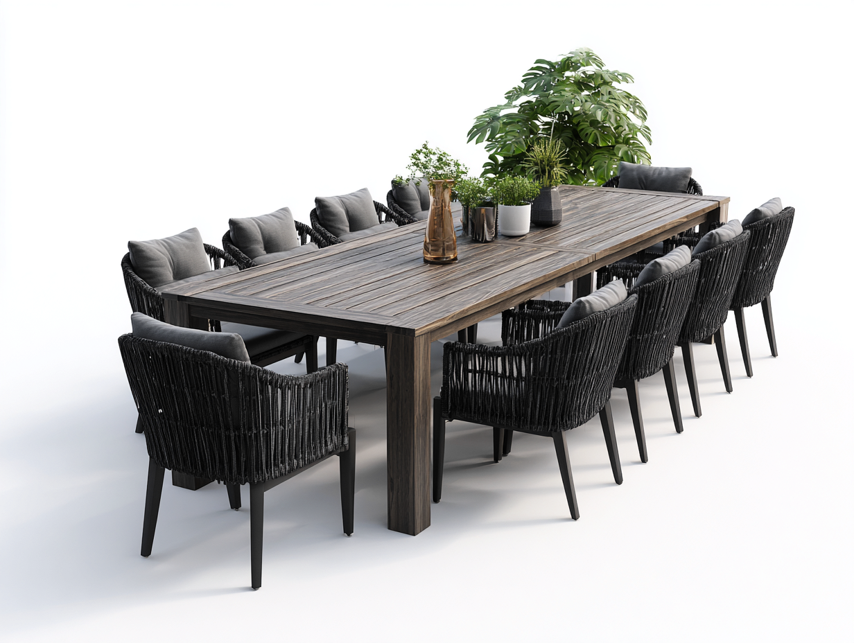 Conjuntos de comedor de jardín de madera y ratán sintético con mesa 240x100x75 cm - color negro-marrón - diseño moderno para exterior-Coluxohouse