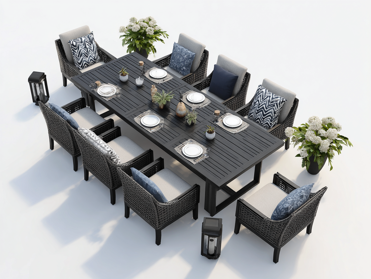 Conjuntos de comedor de jardín ratán sintético 200x100x75 cm negro-gris - mesa rectangular con 8 sillones - diseño moderno-Coluxohouse