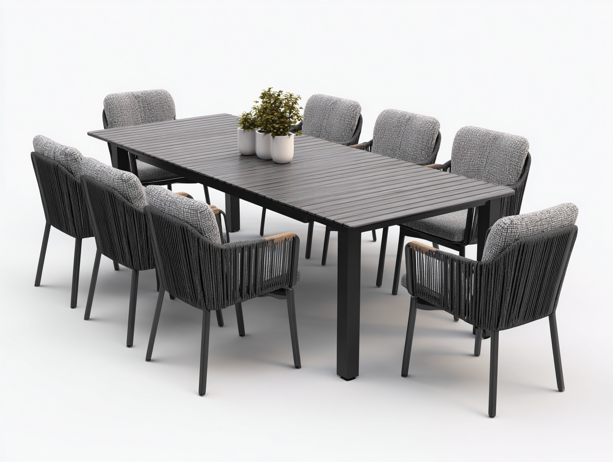 Conjuntos de comedor de jardín 200x100x75 cm metal y cuerda gris-negro 1 mesa y 8 sillas diseño moderno-Coluxohouse
