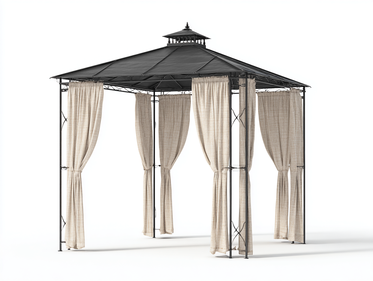 Pérgola de jardín 300x300x260 cm - estructura de acero con cortinas de poliéster - negro-beige - diseño elegante-Ninorohome