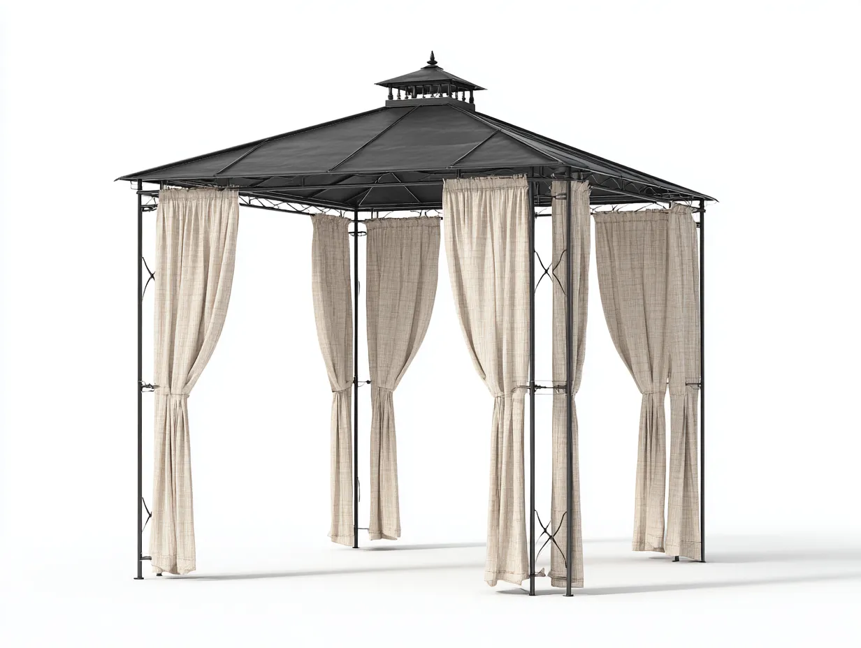 Pérgola de jardín 300x300x260 cm - estructura de acero con cortinas de poliéster - negro-beige - diseño elegante-Ninorohome
