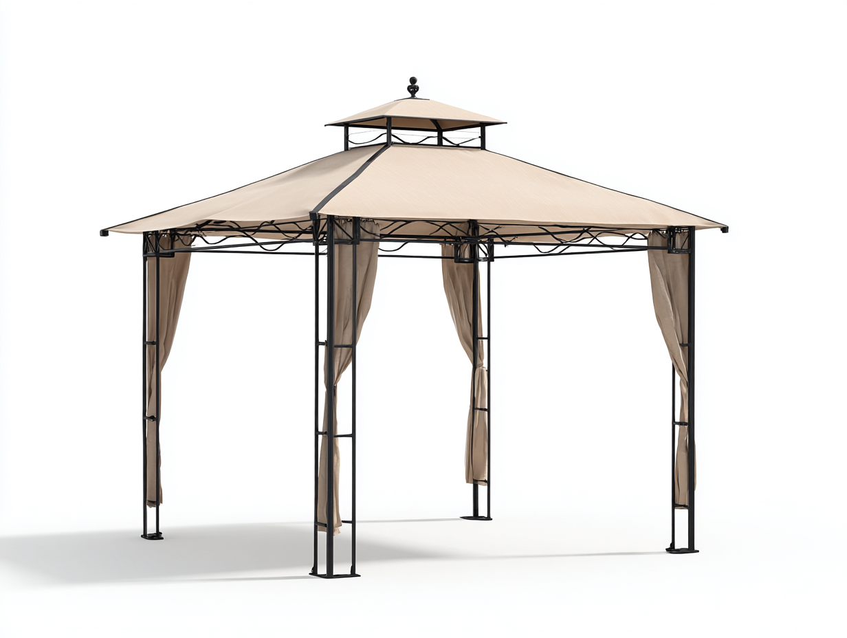 Pérgola de jardín acero y poliéster 300x300x260 cm - beige - cenador con techo doble y cortinas laterales-Ninorohome