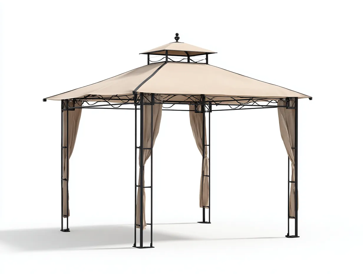 Pérgola de jardín acero y poliéster 300x300x260 cm - beige - cenador con techo doble y cortinas laterales-Ninorohome
