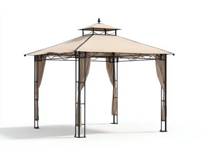 Pérgola de jardín acero y poliéster 300x300x260 cm - beige - cenador con techo doble y cortinas laterales-Ninorohome