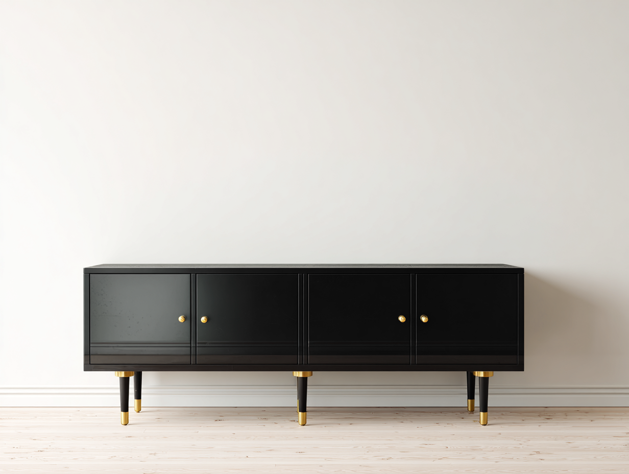 Mueble recibidor 160x40x60 cm - madera con patas metálicas y 4 puertas - negro - diseño moderno elegante-Ninorohome