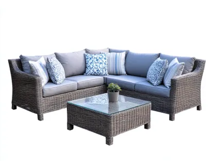 Sofás de exterior ratán sintético 200x200x75 cm gris azul conjunto jardín con mesa estilo moderno-Ninorohome