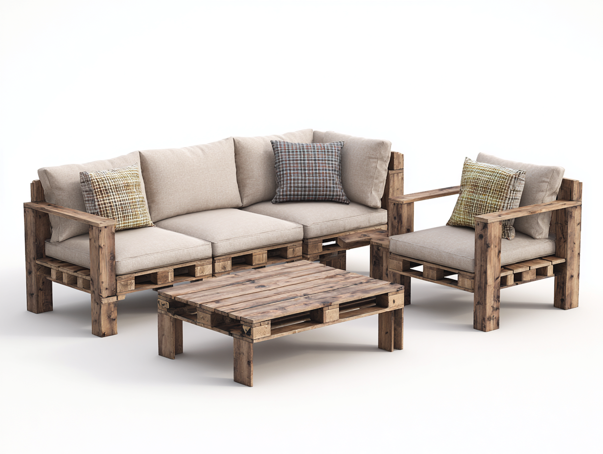Conjunto de muebles de jardín 180x70x75 cm - 90x70x75 cm - 80x50x40 cm - madera maciza con cojines de poliéster - marrón-beige - diseño rústico modular-Ninorohome