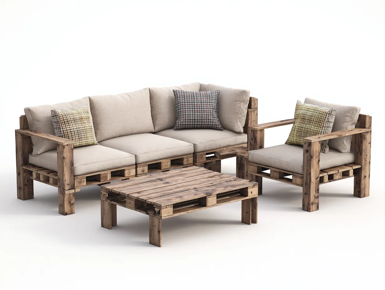 Conjunto de muebles de jardín 180x70x75 cm - 90x70x75 cm - 80x50x40 cm - madera maciza con cojines de poliéster - marrón-beige - diseño rústico modular-Ninorohome