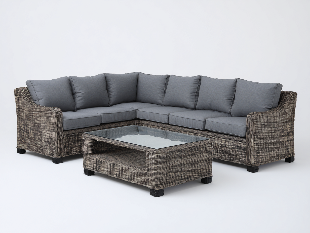 Sofás de exterior ratán sintético 220x180x75 cm - gris-marrón - con mesa - diseño moderno-Ninorohome
