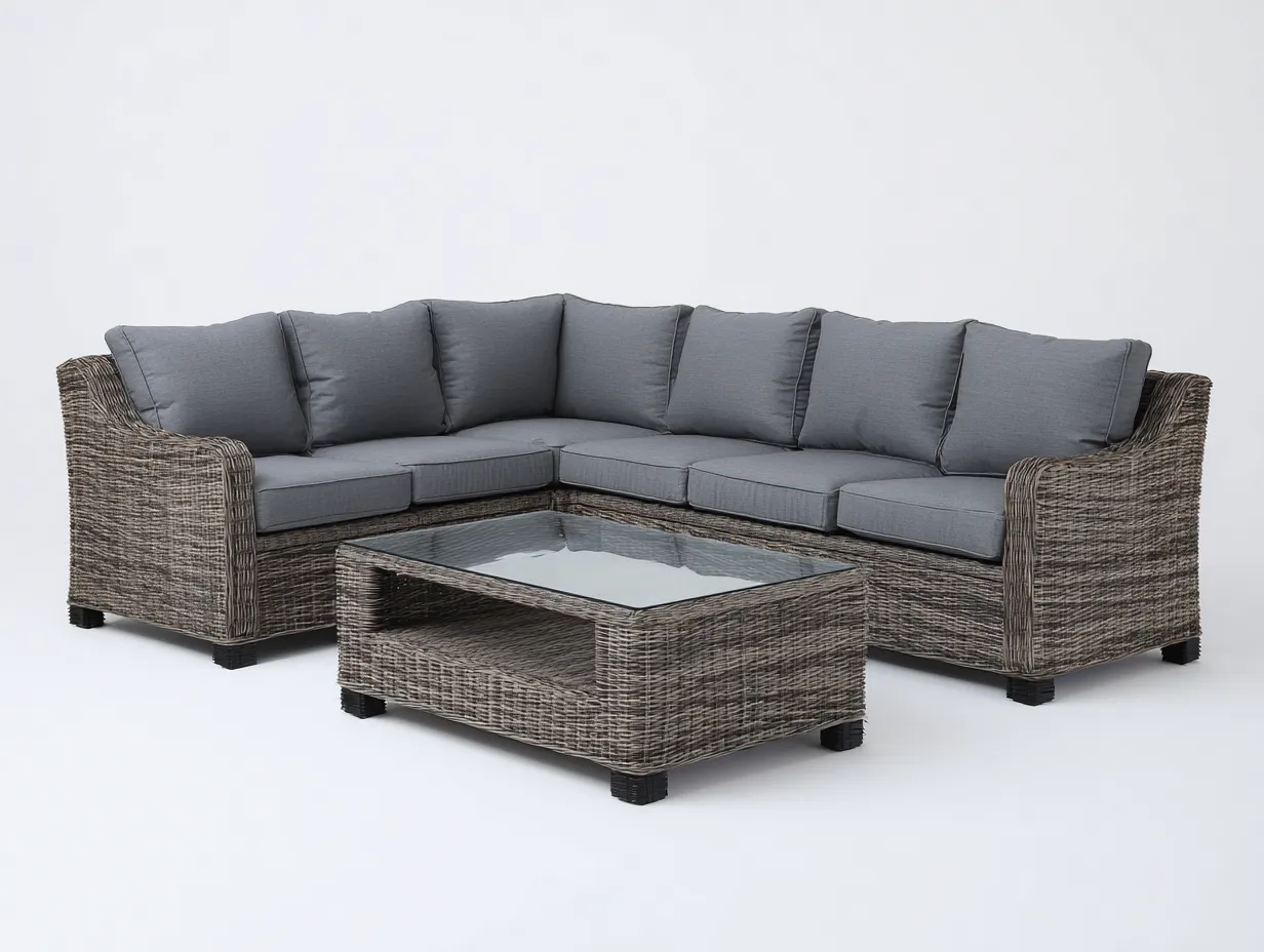 Sofás de exterior ratán sintético 220x180x75 cm - gris-marrón - con mesa - diseño moderno-Ninorohome