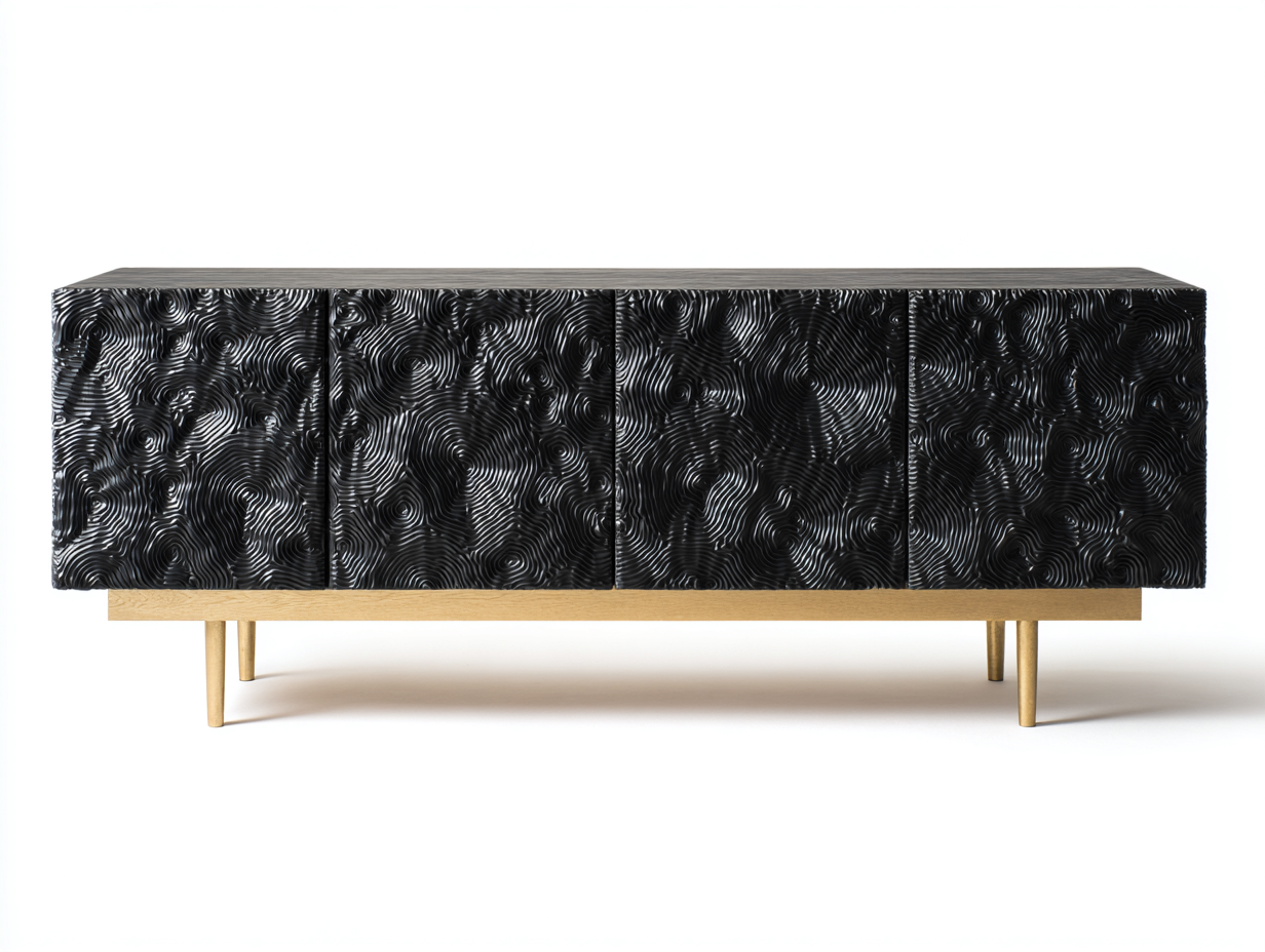 Mueble recibidor 180x40x60 cm - madera con 4 puertas relieve y patas metálicas - negro - diseño moderno artístico-Ninorohome