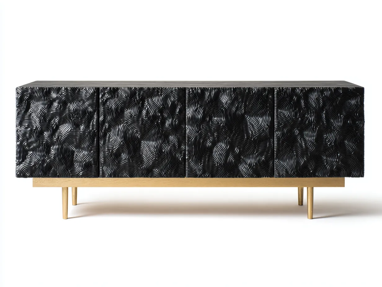 Mueble recibidor 180x40x60 cm - madera con 4 puertas relieve y patas metálicas - negro - diseño moderno artístico-Ninorohome
