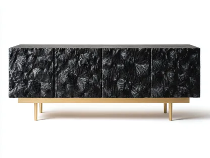 Mueble recibidor 180x40x60 cm - madera con 4 puertas relieve y patas metálicas - negro - diseño moderno artístico-Ninorohome