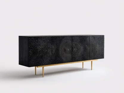 Mueble recibidor madera tallada 180x40x80 cm - negro - 4 puertas diseño decorativo con patas metálicas-Ninorohome
