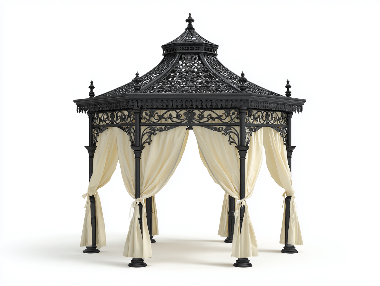 Pérgola de jardín metal 300x300x280 cm - negro-beige - con cortinas - estilo clásico-Ninorohome