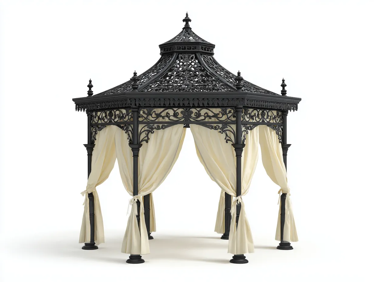 Pérgola de jardín metal 300x300x280 cm - negro-beige - con cortinas - estilo clásico-Ninorohome