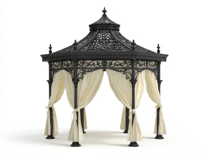 Pérgola de jardín metal 300x300x280 cm - negro-beige - con cortinas - estilo clásico-Ninorohome