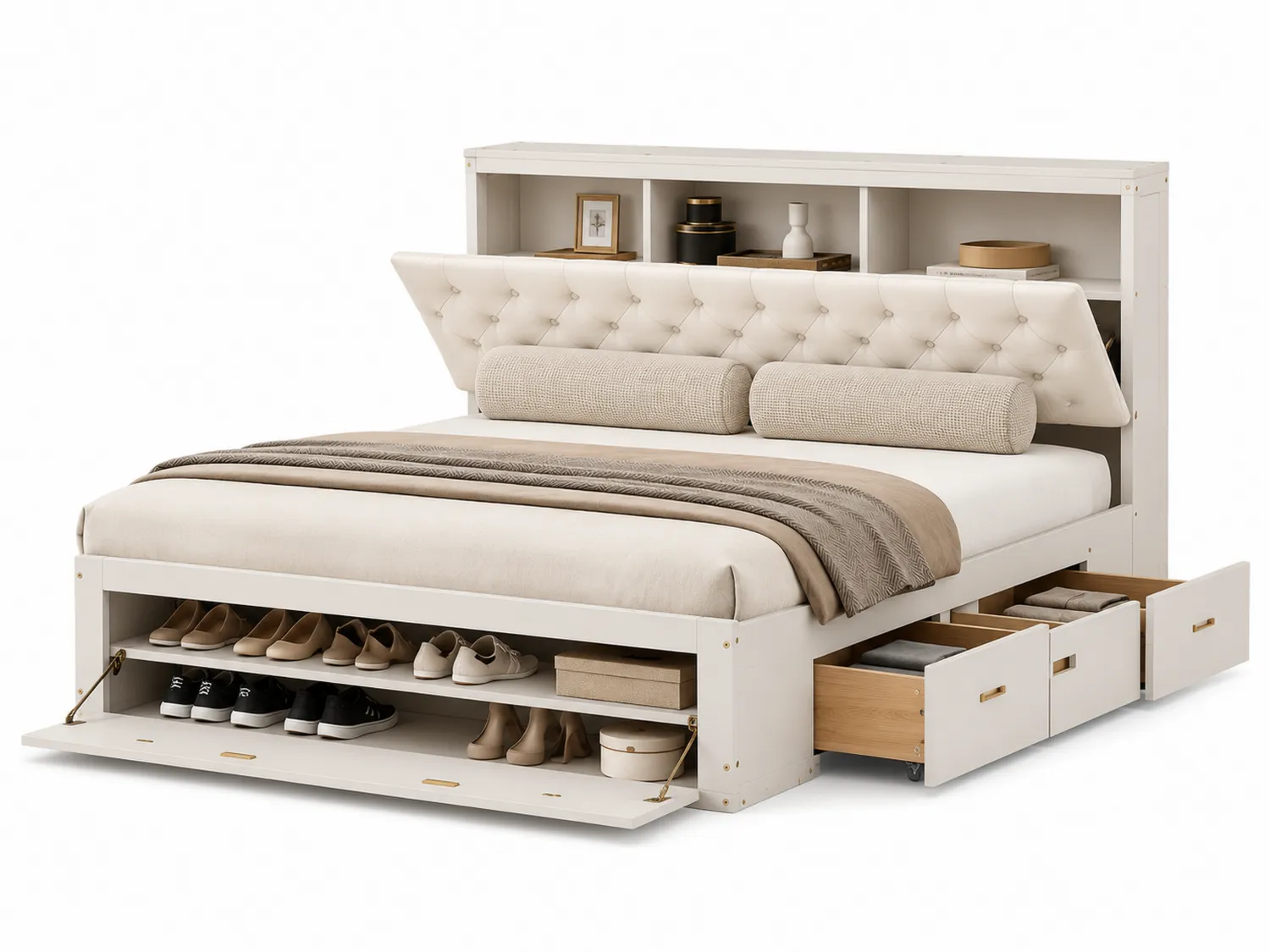 Cama de madera con cabecero tapizado y almacenamiento 210x160 cm Beige