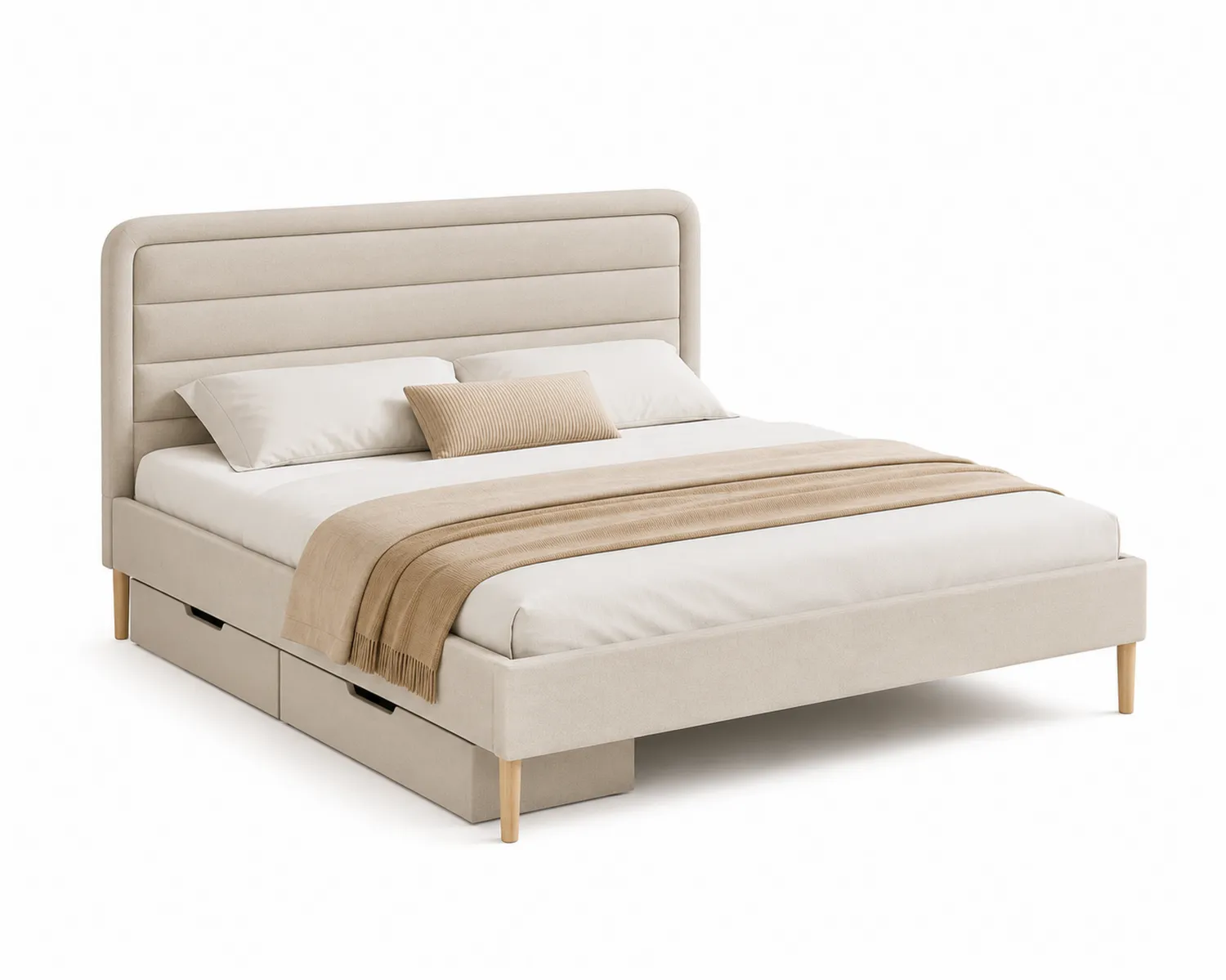 Cama doble de poliéster con cabecero y almacenamiento Beige 200x160 cm