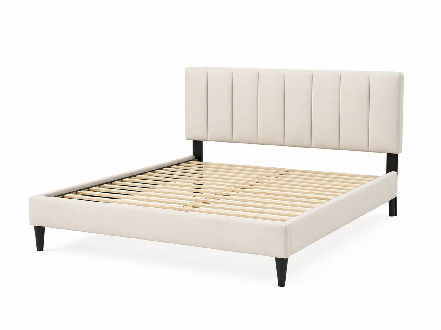 Cama tapizada en tela beige con estructura de madera 200x160 cm