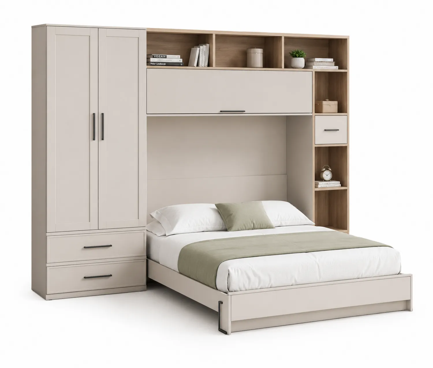 Cama con almacenamiento y armarios de madera compuesta 200x240 cm Beige