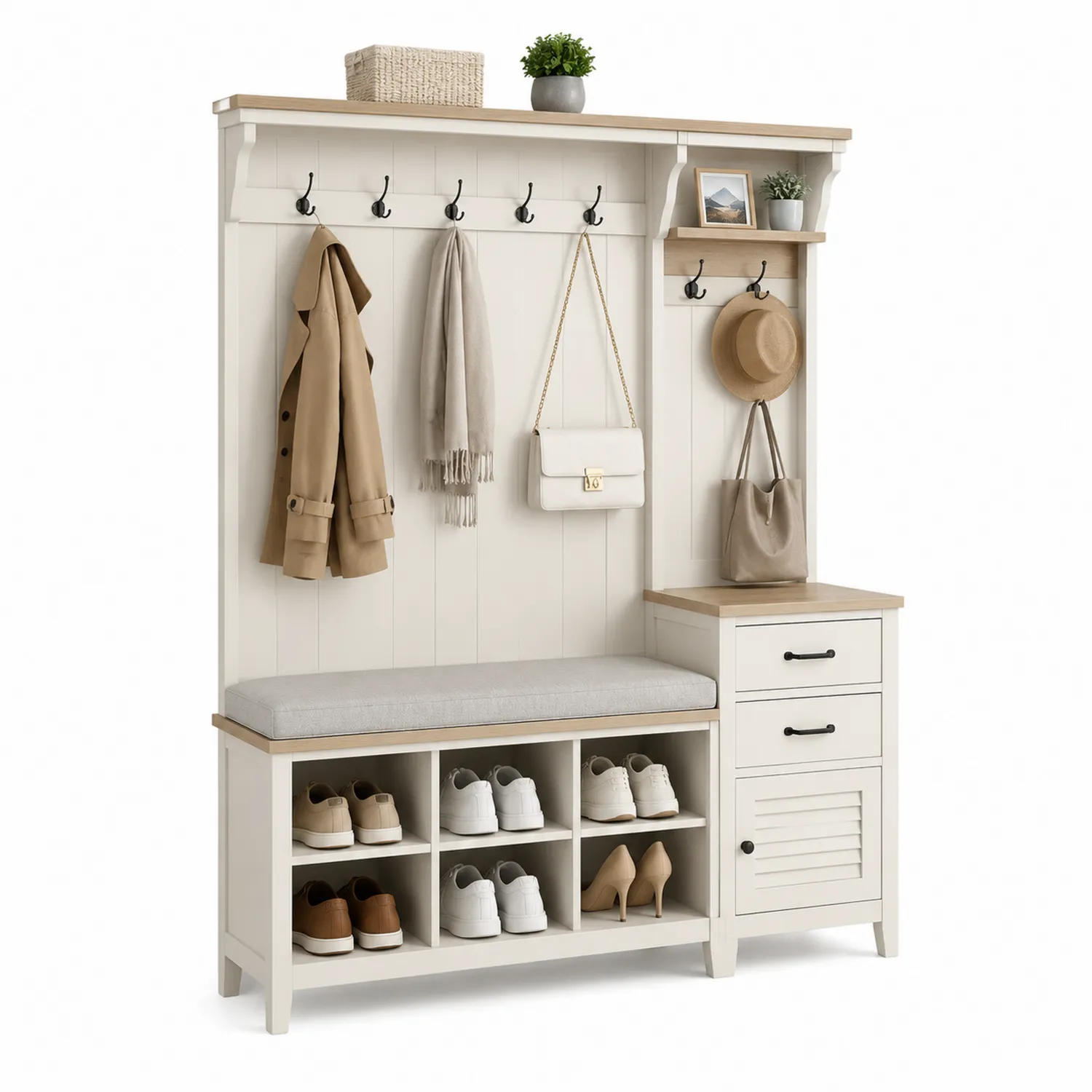 Mueble de Entrada de Madera con Perchero y Banco de Almacenamiento