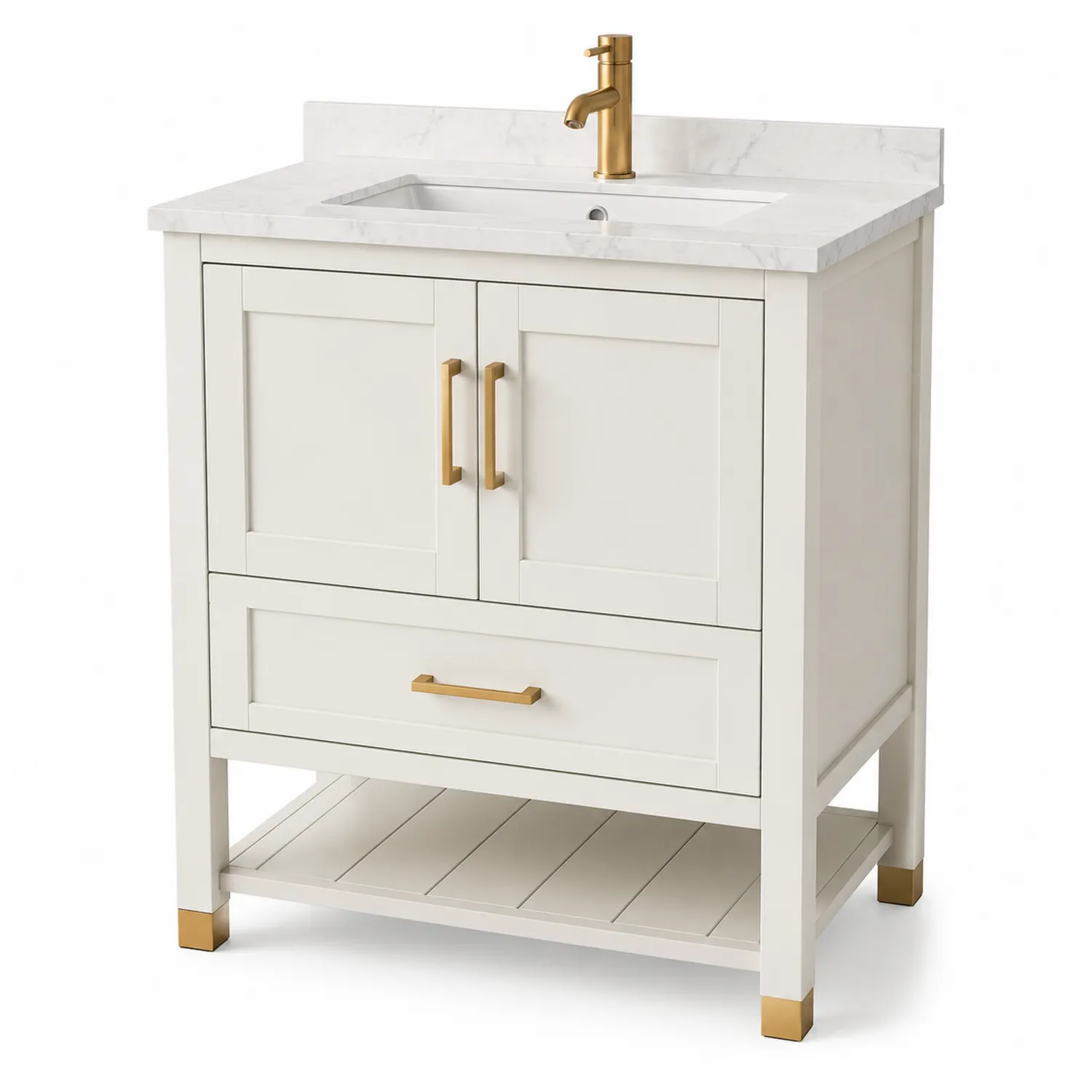 Mueble bajo lavabo de madera con encimera de mármol, Blanco