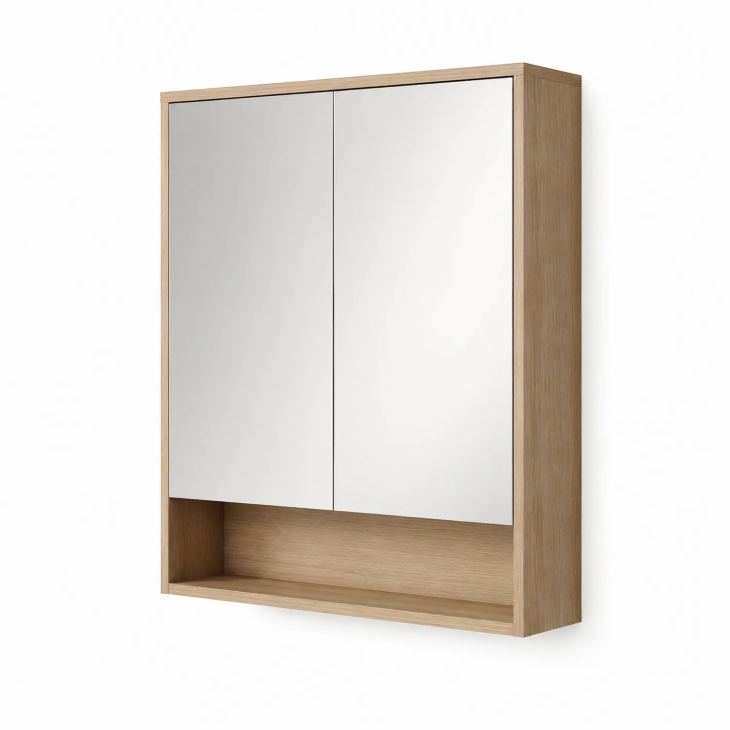 Armario de baño con espejo doble de madera clara 70x60x15 cm