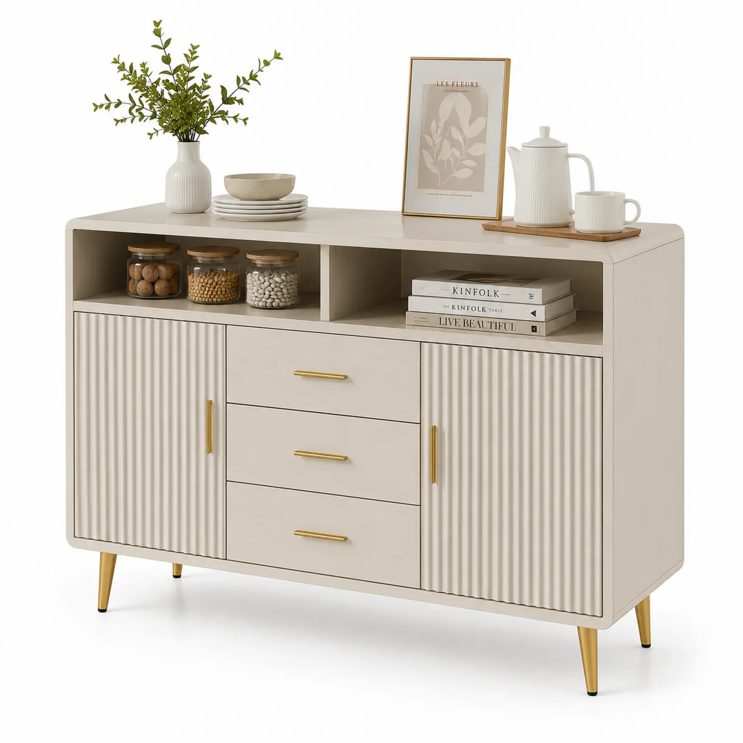 Aparador de MDF con 3 cajones y 2 puertas 120 cm Crema
