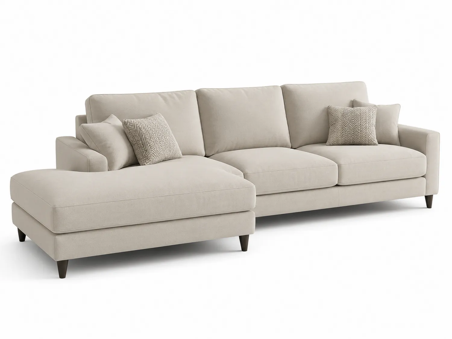 Sofá seccional en L de tela de poliéster beige con chaise longue y cojines
