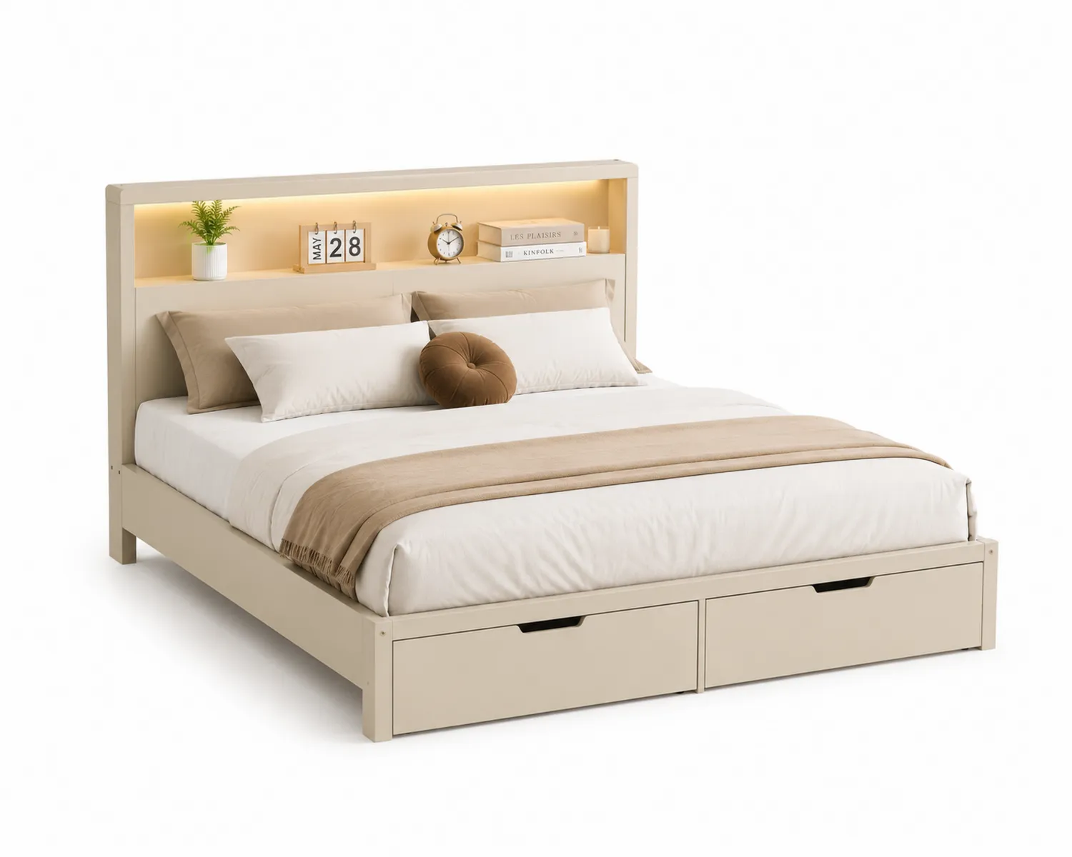 Cama de madera con cabecero y almacenamiento con LED 200x150 cm Beige