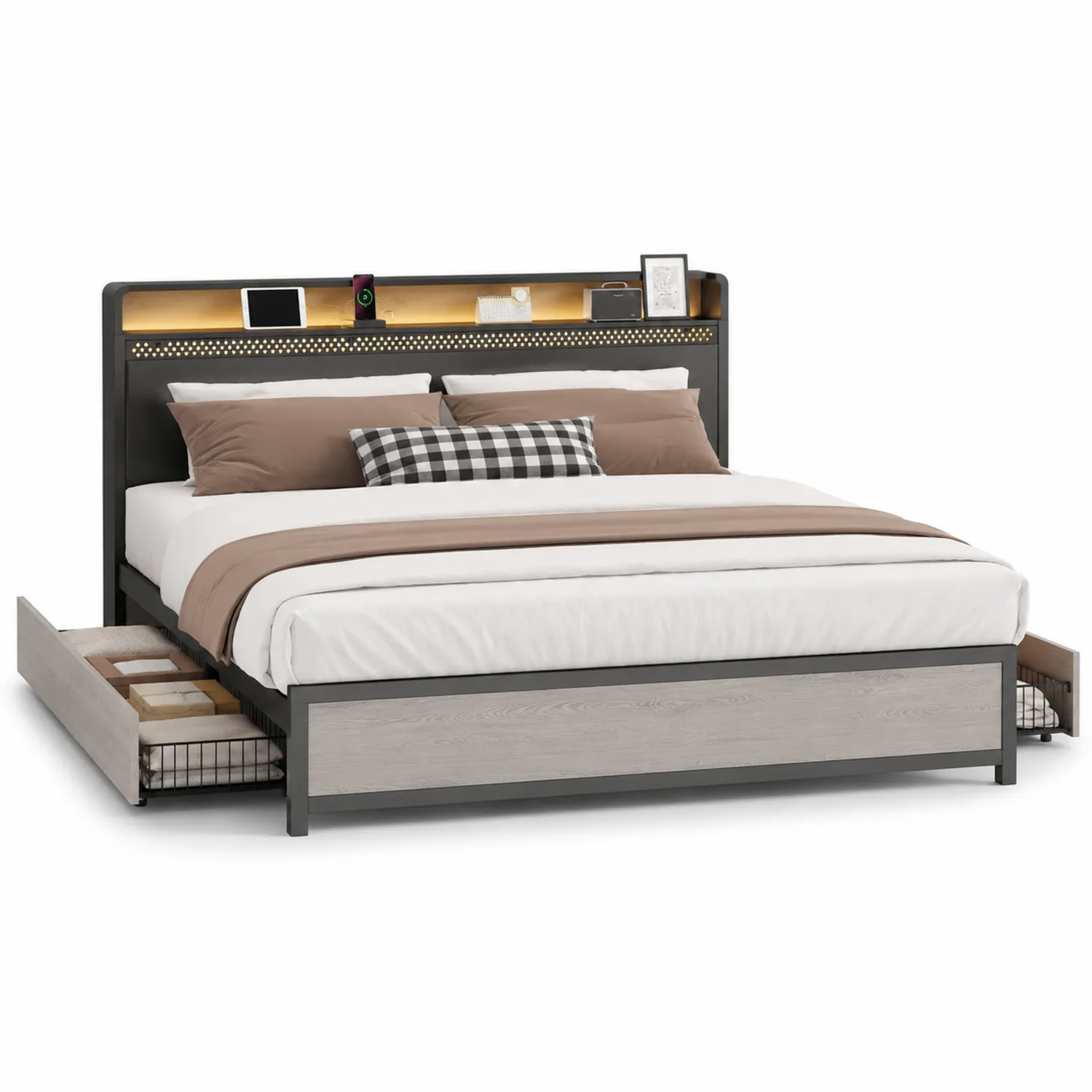 Cama doble de madera y metal con almacenamiento