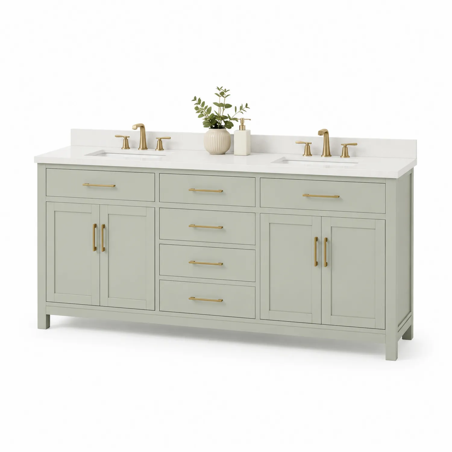 Mueble de lavabo doble de madera con encimera de cuarzo verde