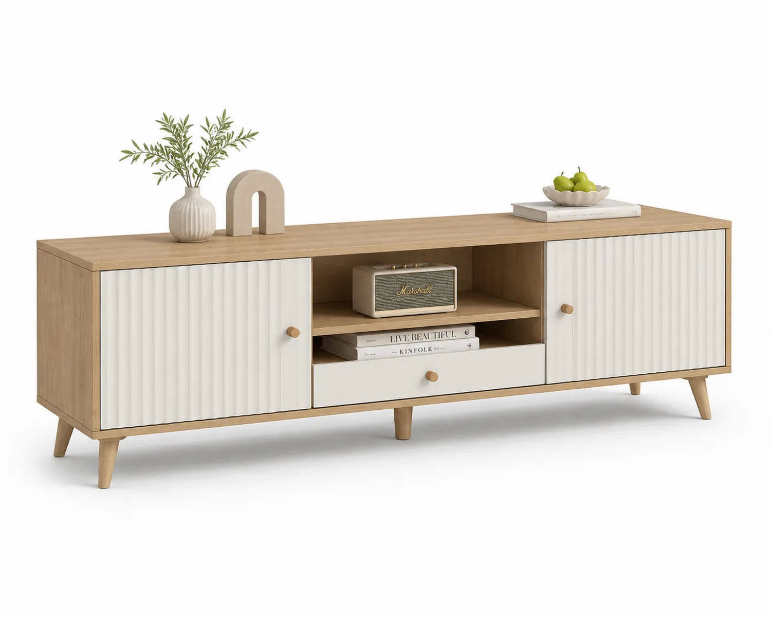Mueble de TV de Madera y MDF con 2 Puertas y 1 Cajón Blanco 150cm