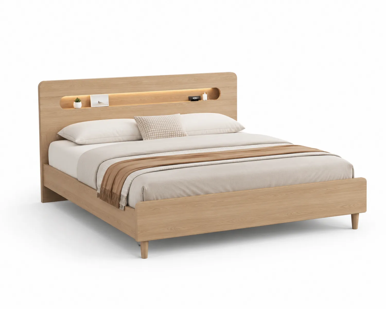 Cama de madera maciza de roble con cabecero iluminado 200x160 cm Natural