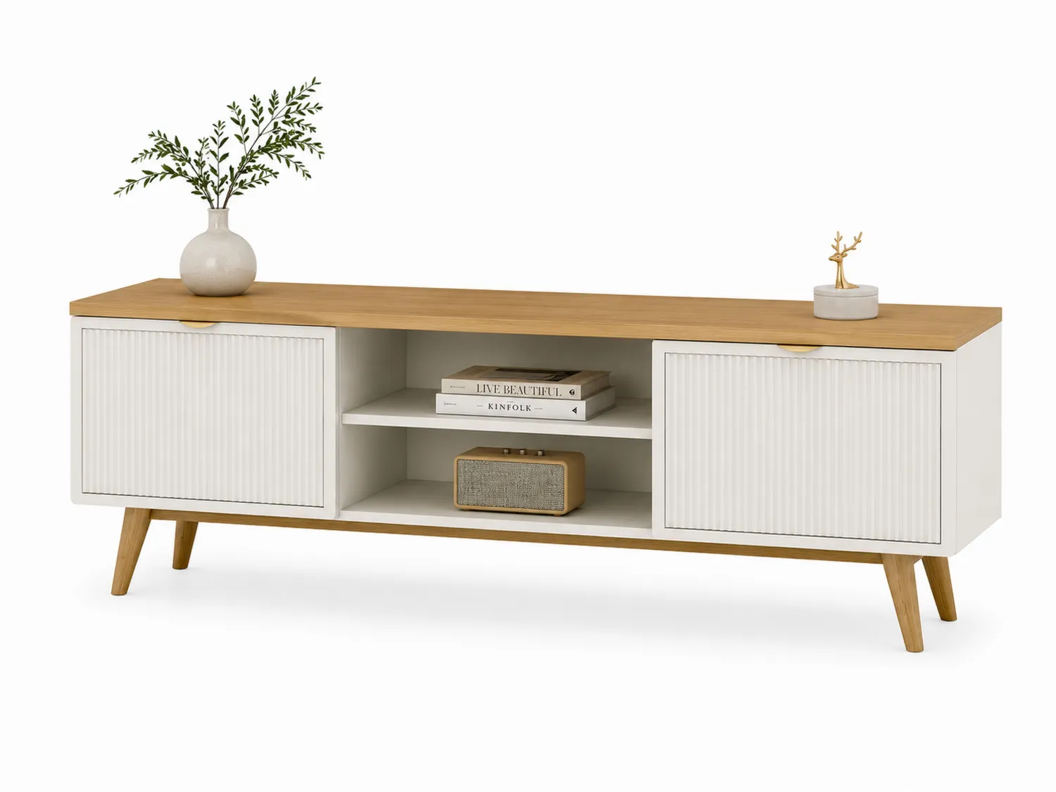 Mueble de TV de Madera y MDF con Puertas Correderas, Blanco y Roble