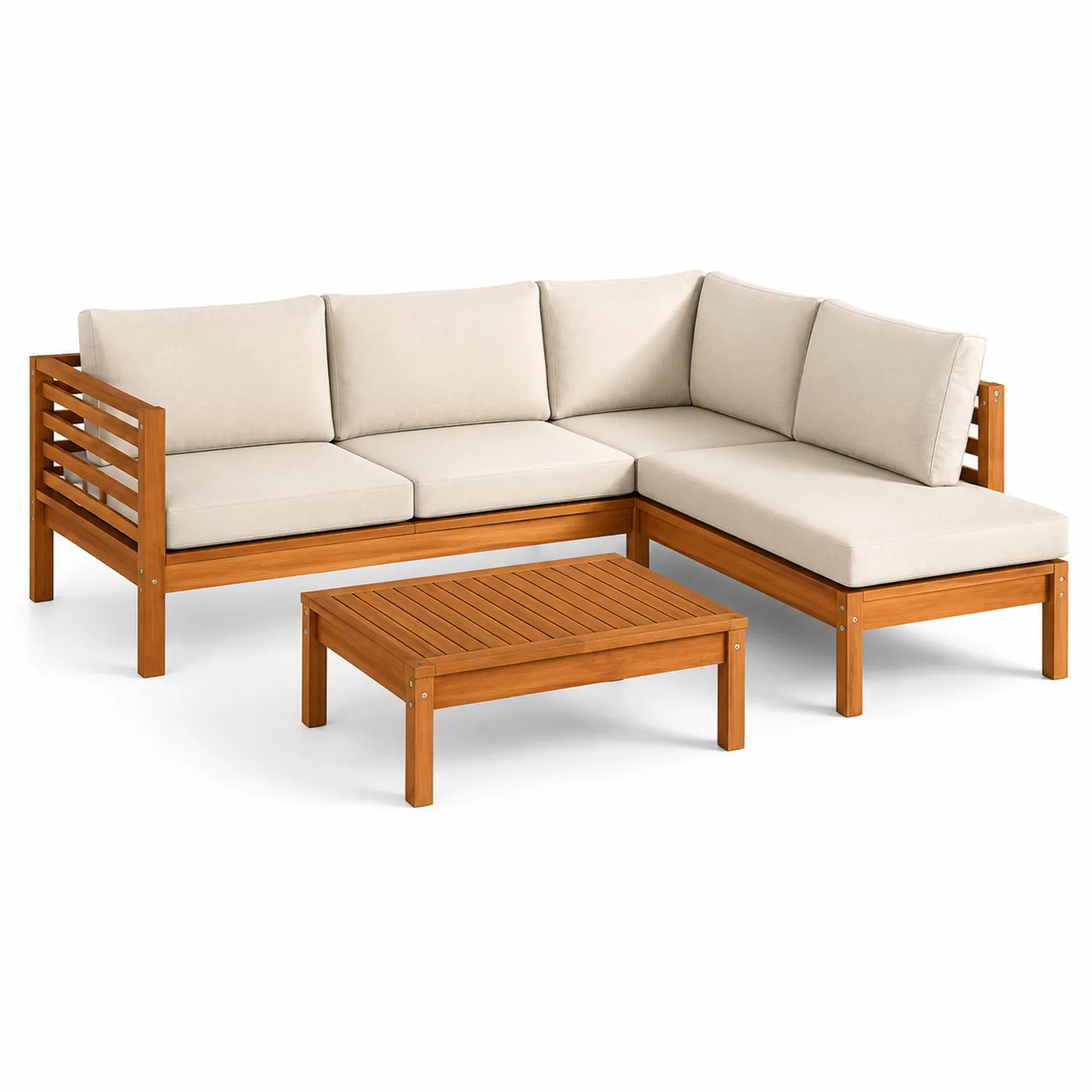 Sofá Esquinero de Madera de Acacia con Cojines Beige