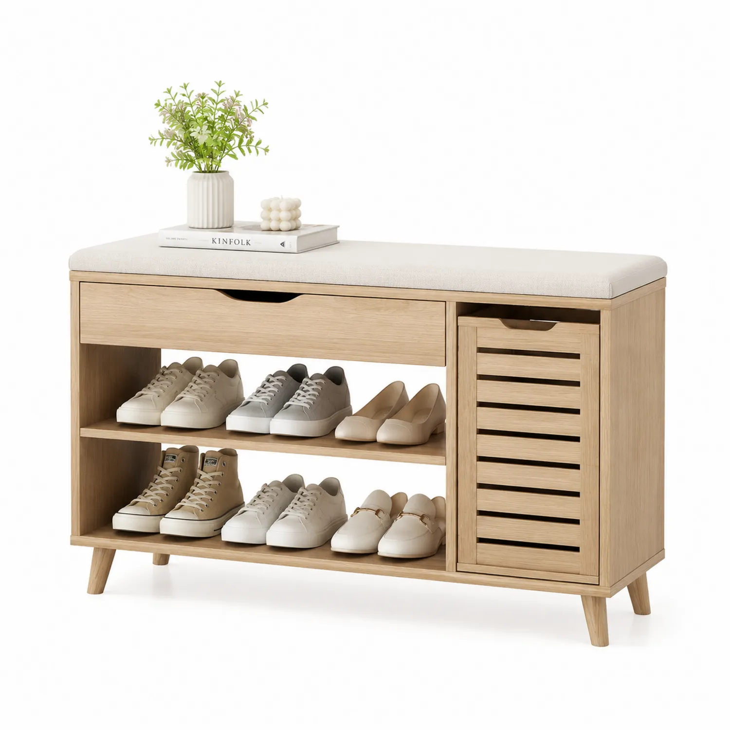 Banco zapatero de madera MDF con cojín de lino