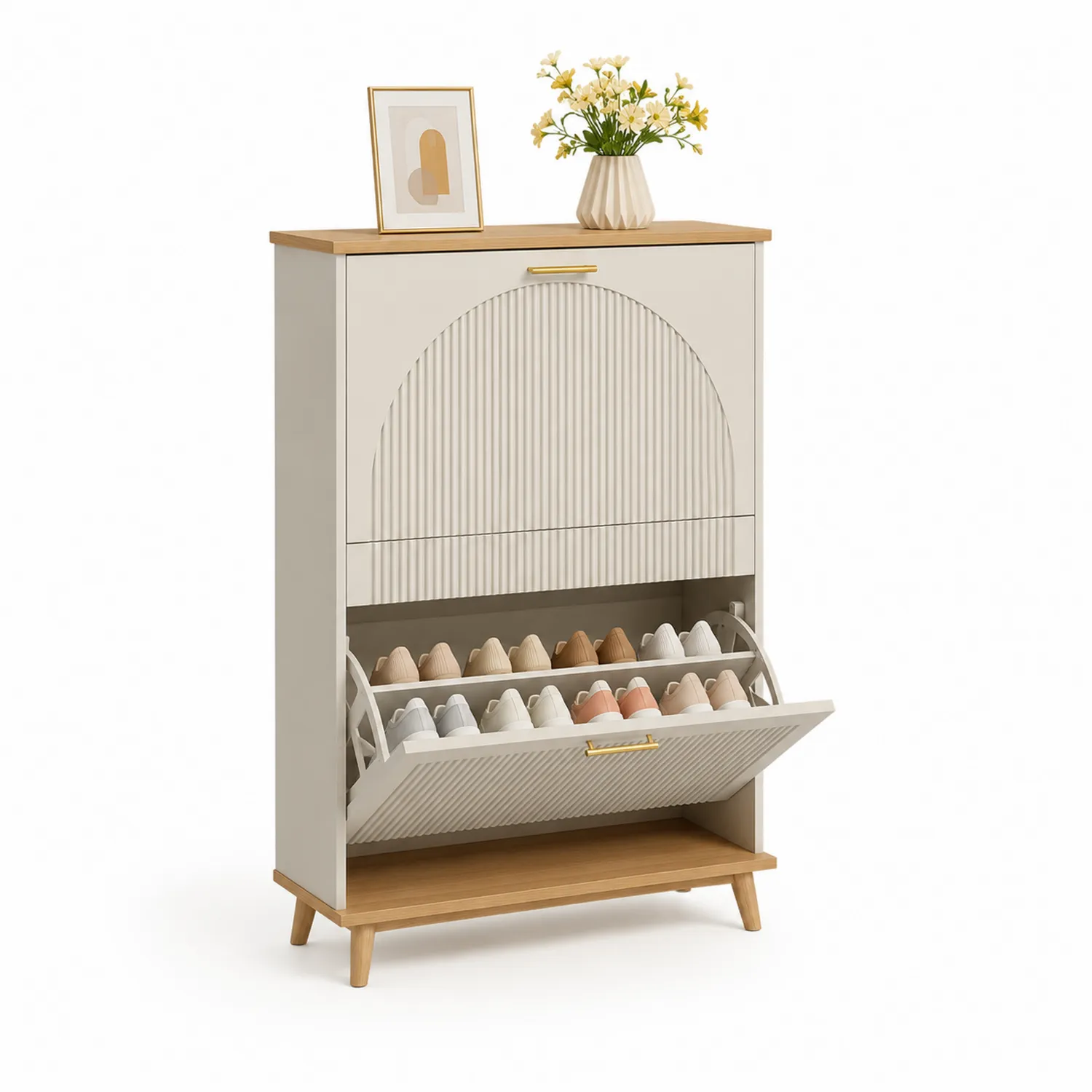 Zapatero de madera MDF y roble 80x30x120 cm Beige