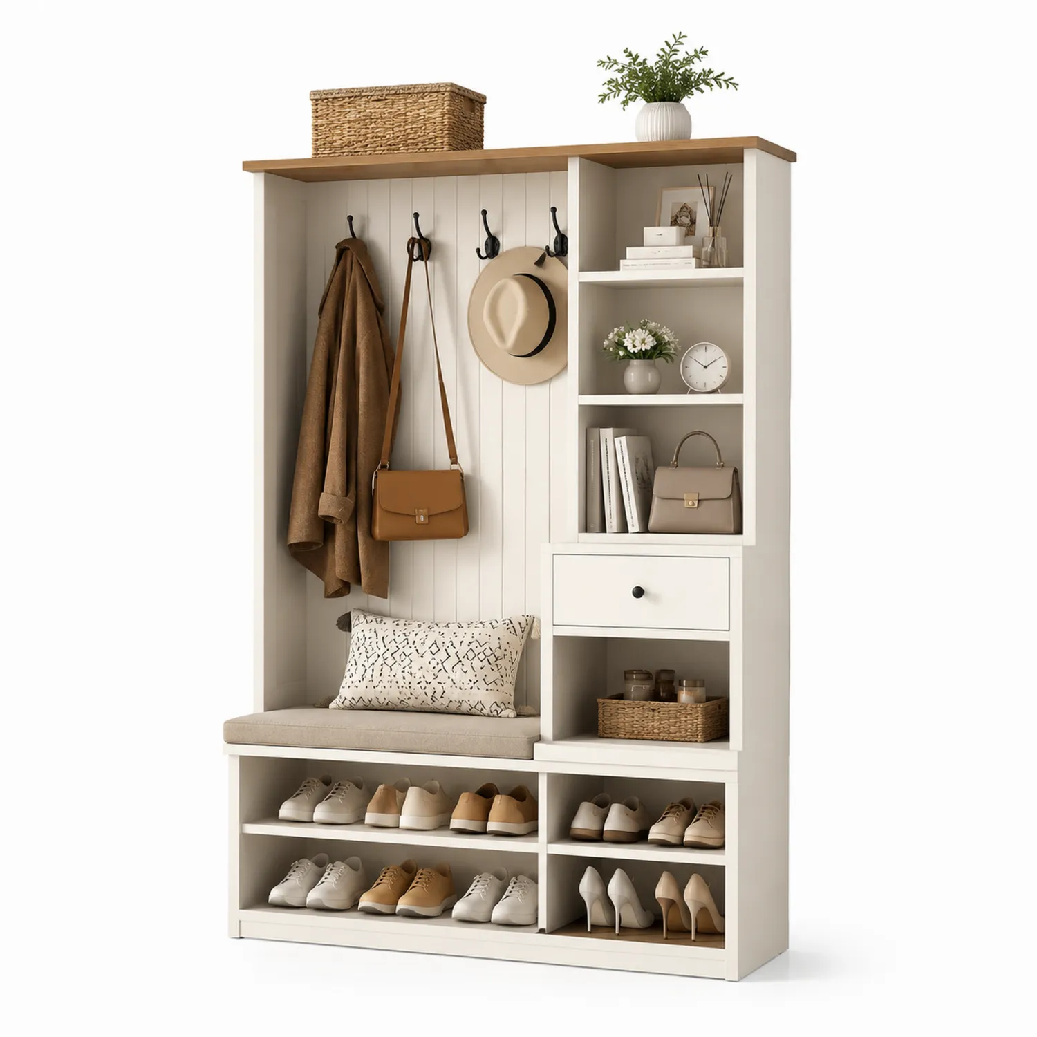 Guardarropa de Madera Blanco con Cojín Beige y Zapatero