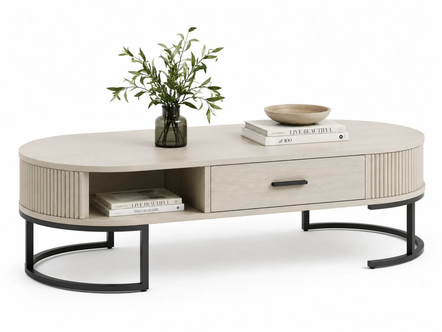 Mesa de centro de madera y metal ovalada 120x60x40cm Beige