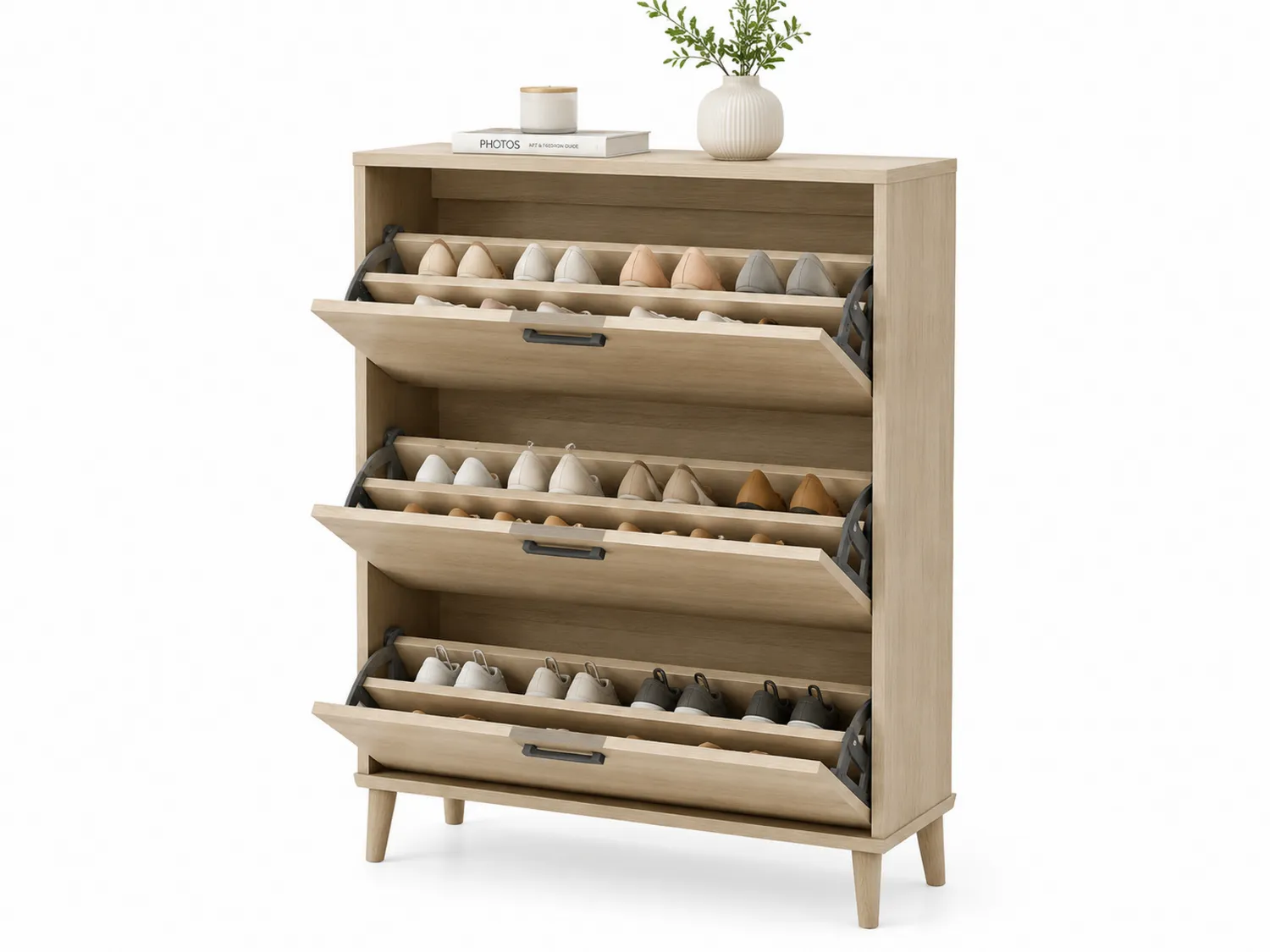 Zapatero de Madera de Roble Claro con Compartimentos Abatibles
