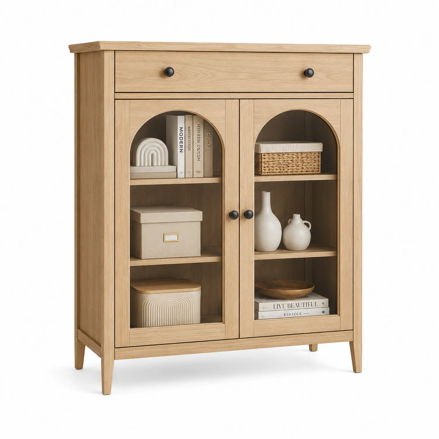 Armario de madera con puertas de vidrio templado 90x110x35 cm Roble