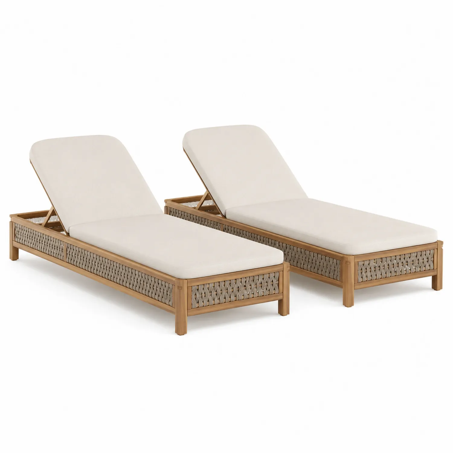 Conjunto de 2 tumbonas de madera de acacia y ratán sintético con cojines crema